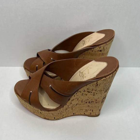 Christian Louboutin Brown Leather & Cork Covered Wedges. Size 8 - Picture 5 of 11
